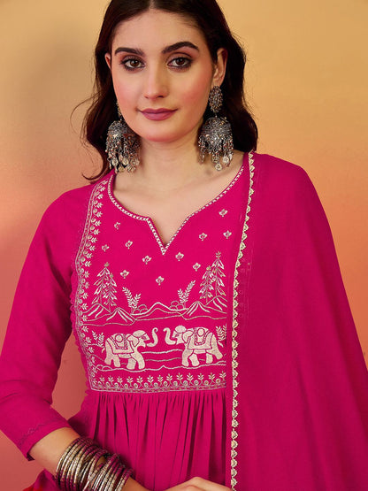 Dhiyona SN Women's Embroidered Notch Neck A-Line Kurta With Trousers & Dupatta