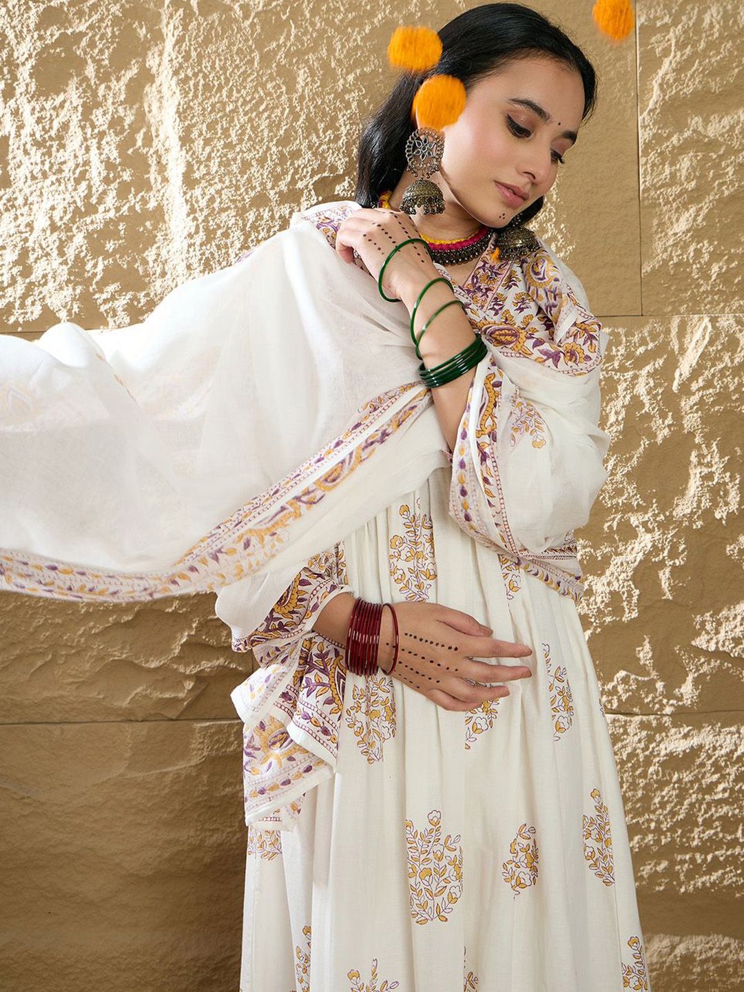 Dhiyona IE Women Ethnic Motifs Printed Empire Pure Cotton Kurta with Trousers & Dupatta