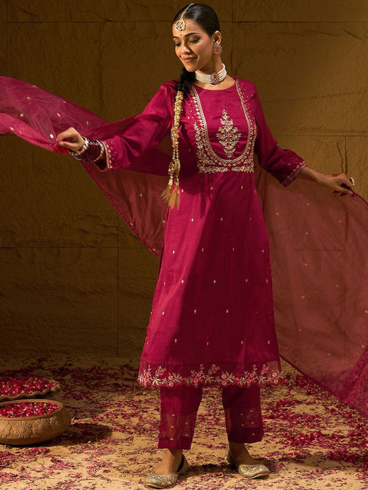 Dhiyona IE Floral Embroidered Straight Thread Work Kurta with Trousers & Dupatta