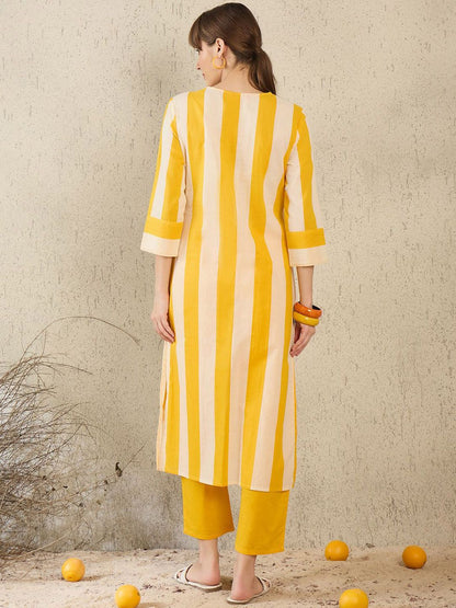 Dhiyona IE Women Striped V-Neck Cotton Tunic and Trousers Co-Ords