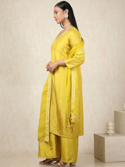 Dhiyona SO Women's Ethnic Motifs Printed Beads And Stones V-Neck Straight Kurta With Palazzos & Dupatta