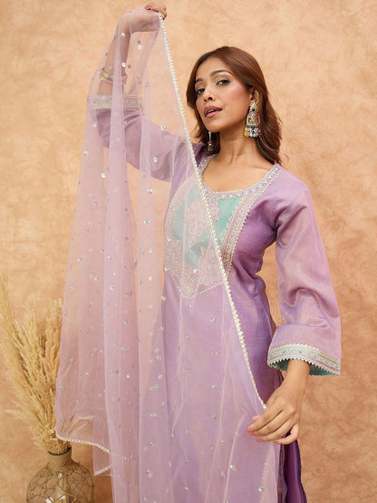 Dhiyona VA Women's Ethnic Motifs Yoke Design Zari Kurta with Trousers & Dupatta