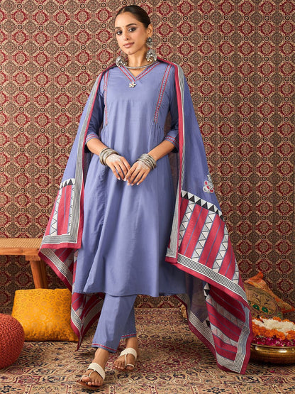Ethnic Motifs Embroidered Sequinned Pure Cotton Kurta With Trousers & Dupatta