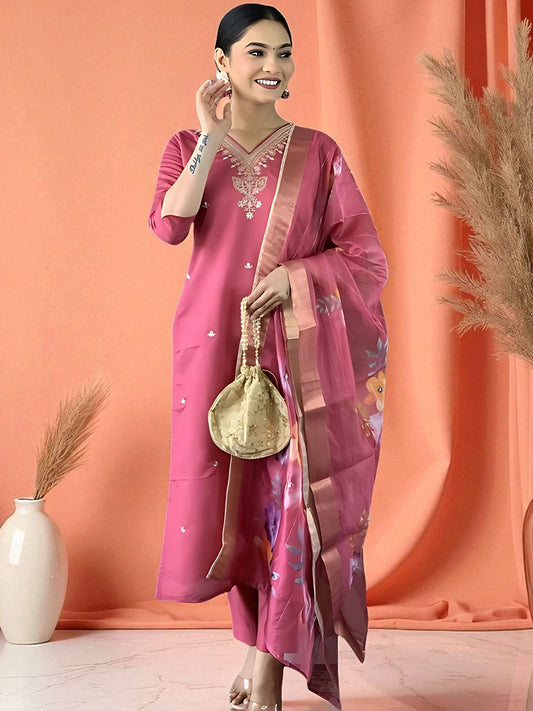 Dhiyona SN Women's Embroidered Pure Cotton Straight Kurta With Pyjama & Dupatta