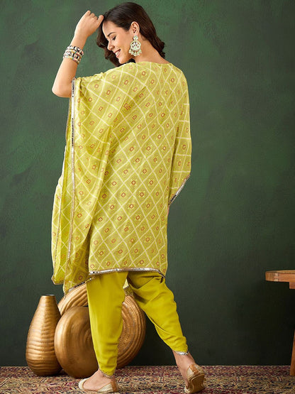 Dhiyona SN Women's Green Bandhani Printed Gotta Patti Asymmetric Kaftan With Dhoti Pant