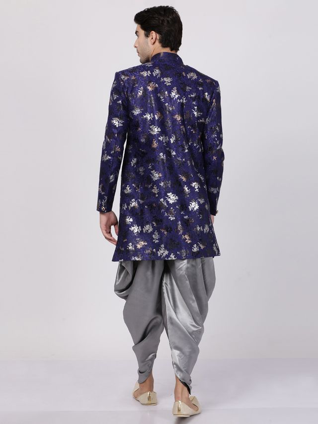 Men's Blue Polyester Lurex Blend Asymmetric Sherwani Set