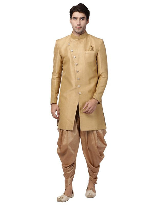 Men's Beige Silk Blend Straight Sherwani Set