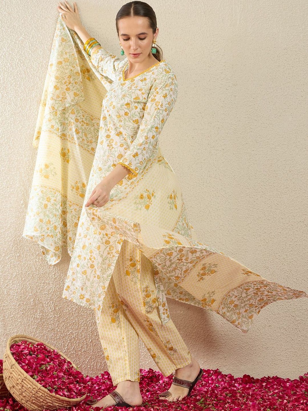 Floral Printed V-Neck Regular Pure Cotton Straight Kurta With Trousers & Dupatta