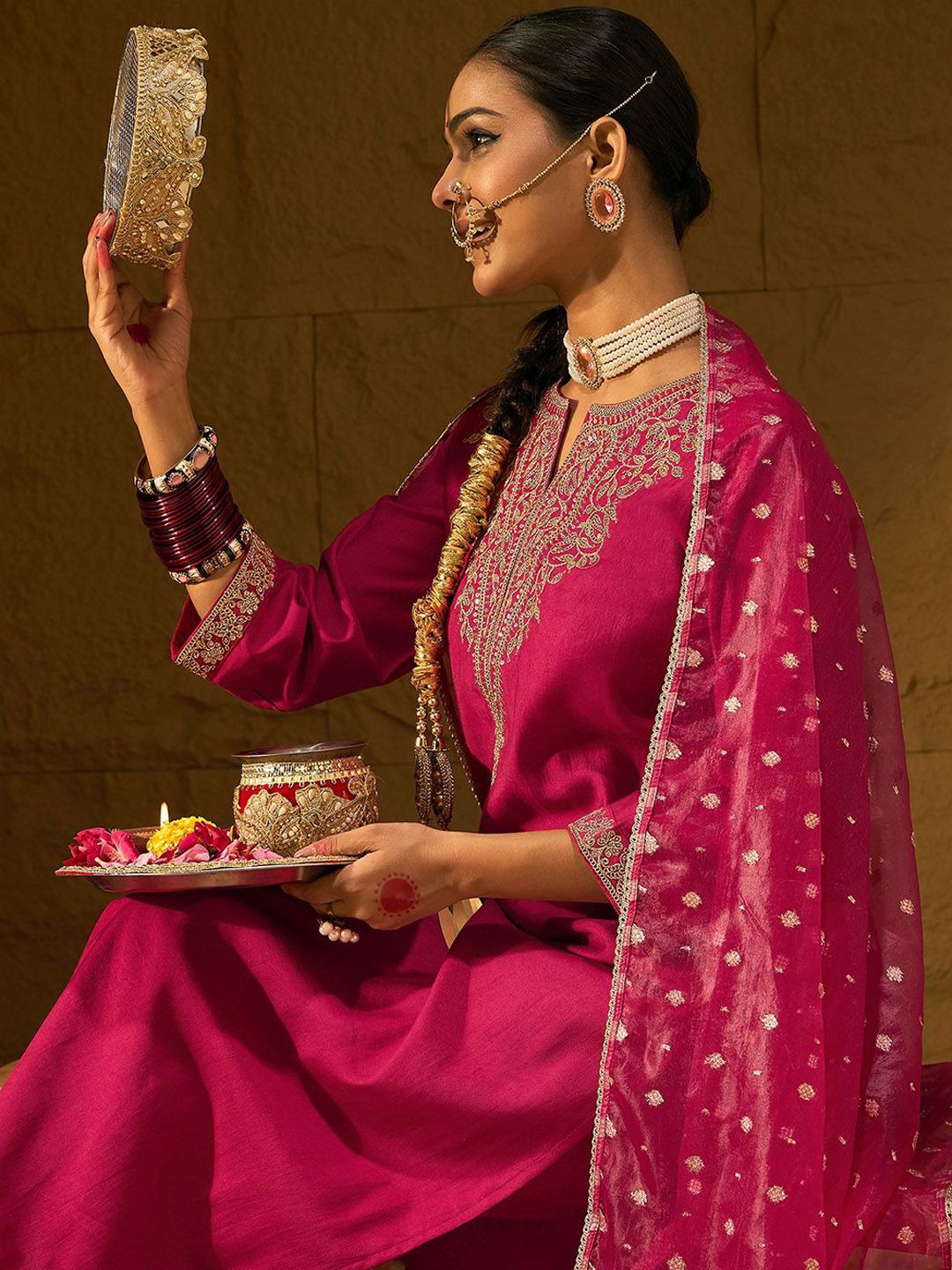 Dhiyona IE Ethnic Motifs Yoke Design Straight Zari Liva Kurta with Trousers & Dupatta