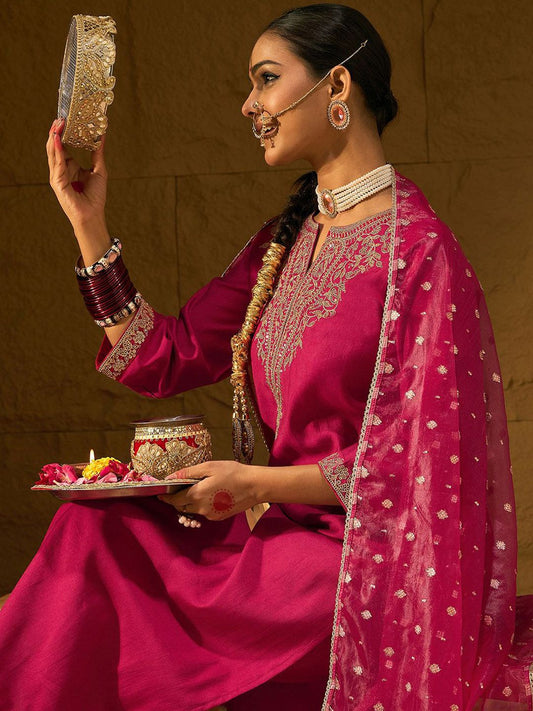 Dhiyona IE Ethnic Motifs Yoke Design Straight Zari Liva Kurta with Trousers & Dupatta