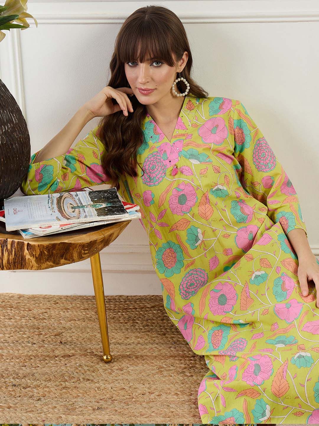 Floral Printed Straight Sequinned Pure Cotton Kurta With Trouser