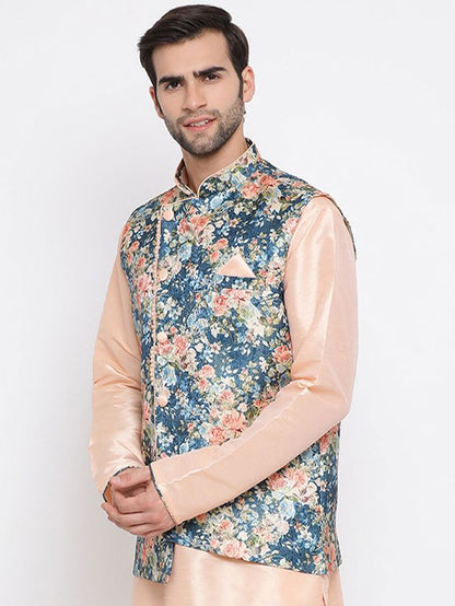 Men's Peach Cotton Silk Straight Jacket  Kurta and Pyjama Set