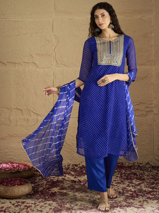 Dhiyona VA Women'sBandhani Printed Silk Georgette Round Neck Straight Kurta With Trousers & Dupatta