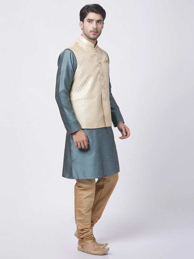 Men's Light Blue Silk Blend Straight Jacket  Kurta and Pyjama Set