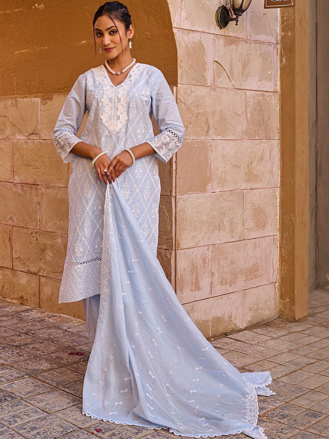 Women Ethnic Motifs Embroidered Cotton Kurta with Trousers & Dupatta