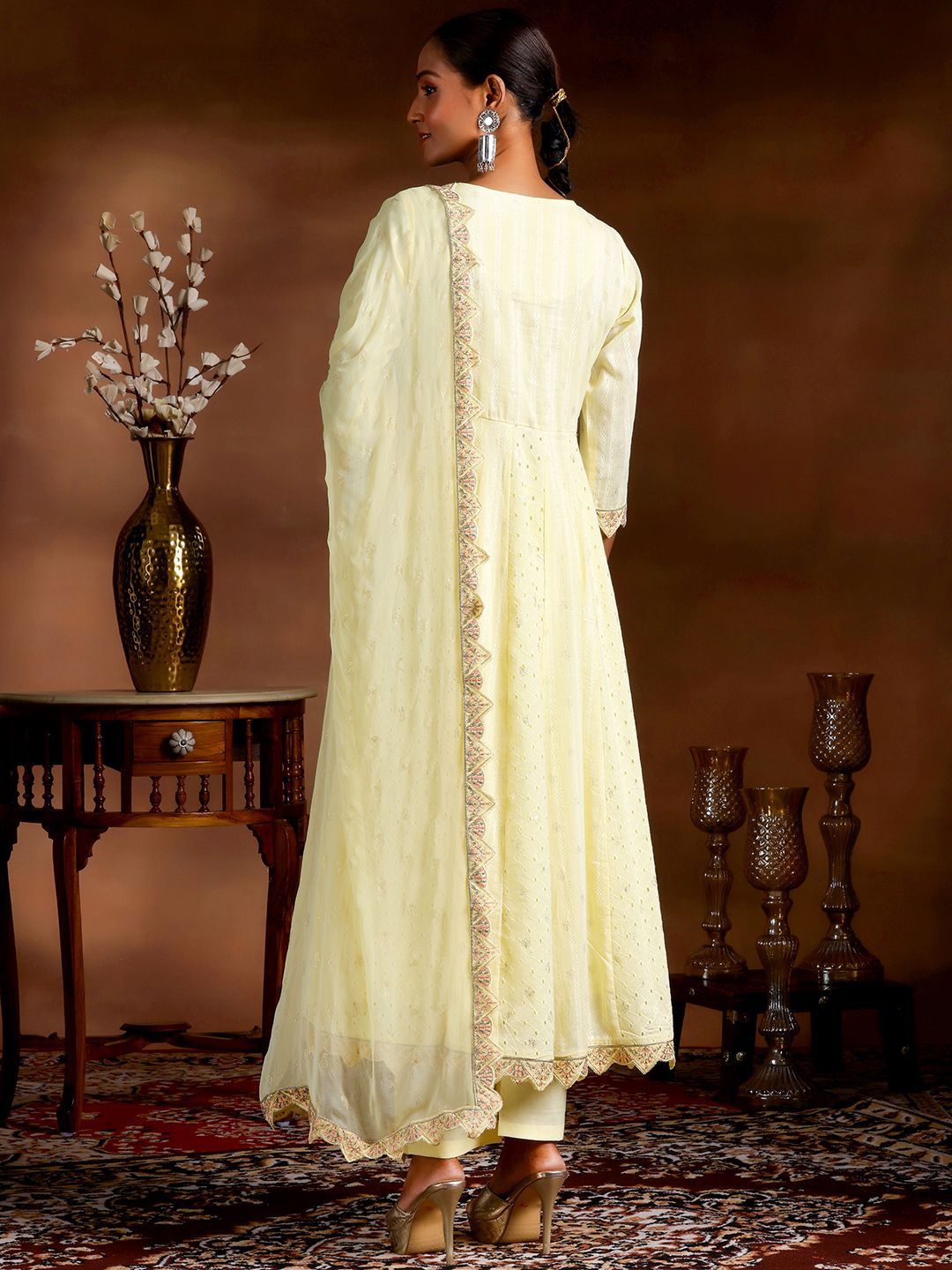 Dhiyona LB Women's Ethnic Motif Embroidered Sequinned Pure Cotton Anarkali Kurta With Trouser & Dupatta