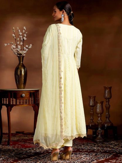 Dhiyona LB Women's Ethnic Motif Embroidered Sequinned Pure Cotton Anarkali Kurta With Trouser & Dupatta