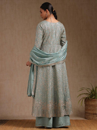 Dhiyona SO Women's Floral Embroidered V-Neck Empire Sequinned Anarkali Kurta With Palazzo & Dupatta