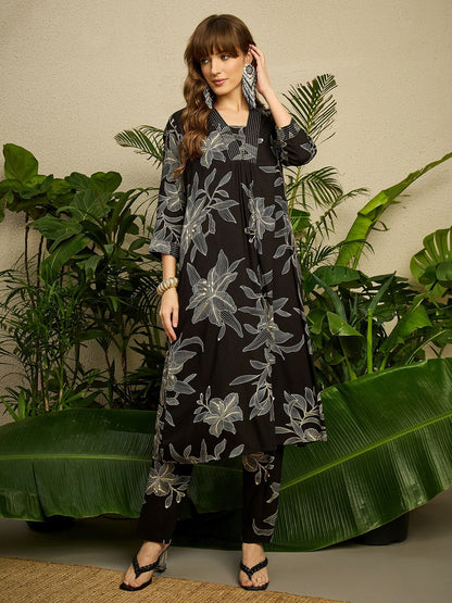 Women Black Viscose Rayon Floral Printed Regular Kurta with Trousers Set