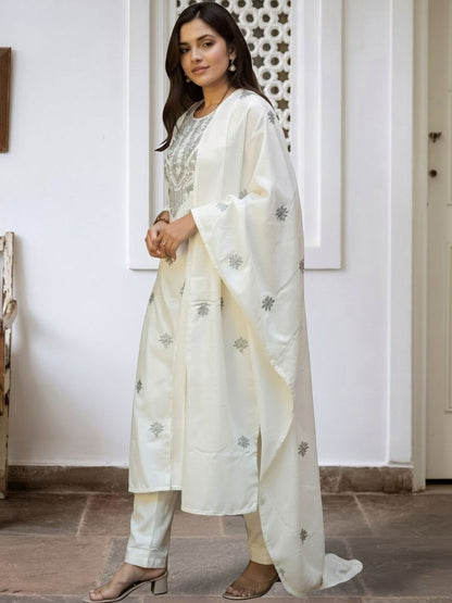 Women Ethnic Motifs Embroidered Regular Thread Work Pure Cotton Kurta with Trousers & With Dupatta