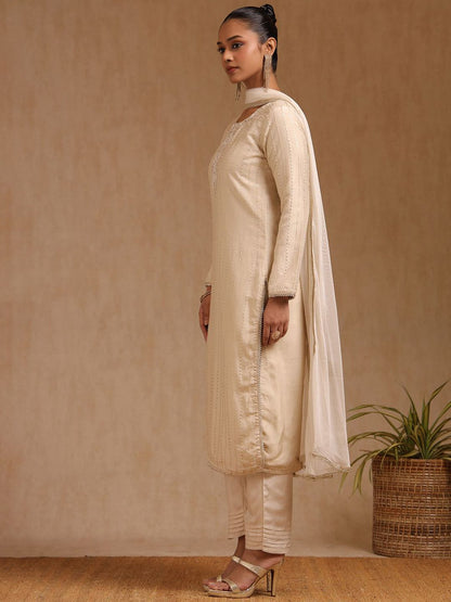 Dhiyona SO Women's Women Woven Design Embroidered Beads and Stone Kurta Set With Dupatta