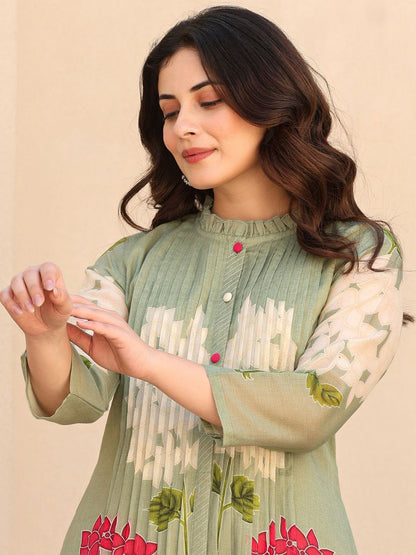 Dhiyona IE Floral Printed Pure Cotton Mandarin Collar Tunic With Trousers