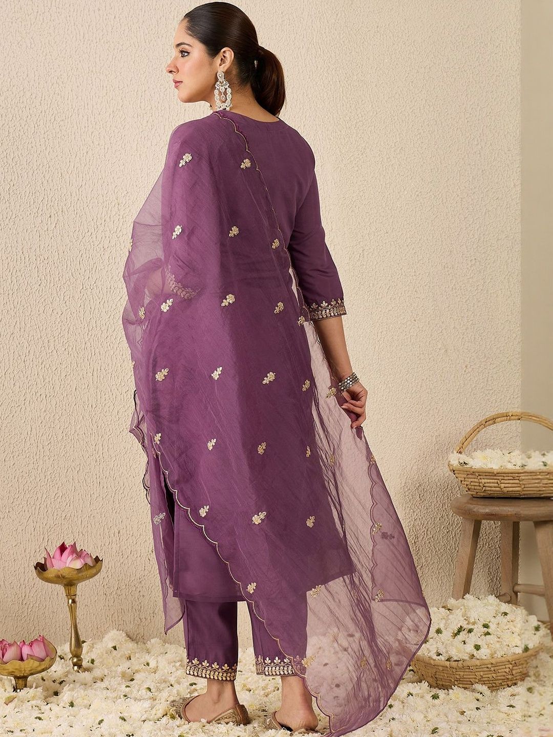 Women Embroidered Sequinned Regular Straight Kurta With Trousers & Dupatta