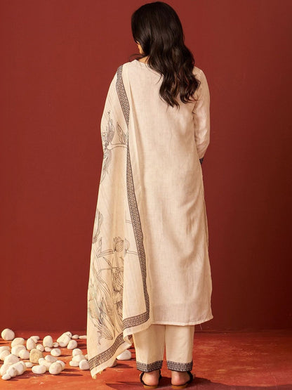 Women Floral Printed Regular Thread Work Linen Kurta with Trousers & With Dupatta