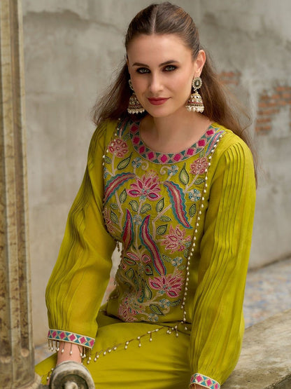 Floral Embroidered A-Line Round Neck Beads & Stones Kurta With Trousers & Dupatta