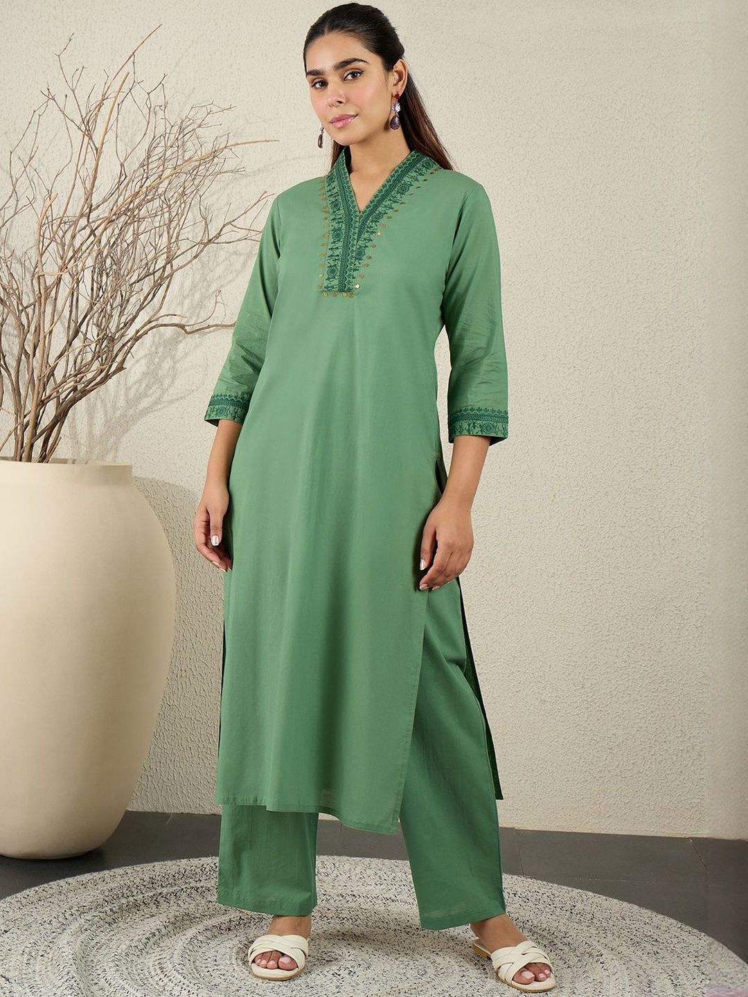Dhiyona IE Women Ethnic Motifs Embroidered Sequinned Pure Cotton Kurta with Trousers
