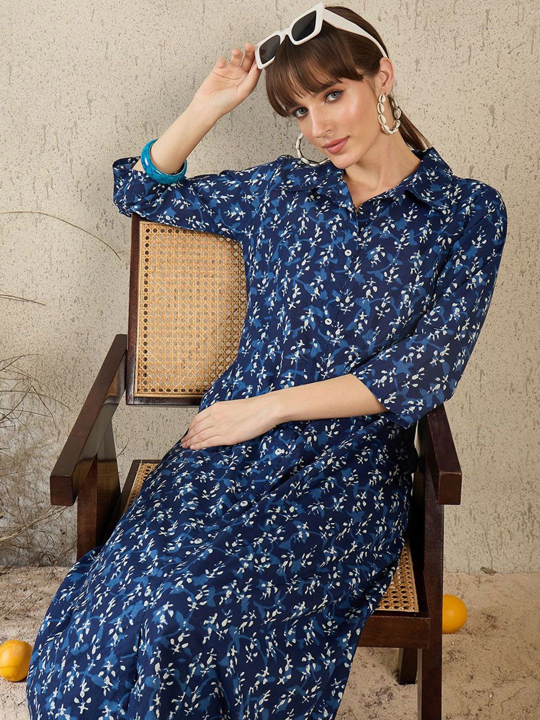 Geometric Printed Shirt Collar A-Line Pure Cotton Kurta With Palazzos