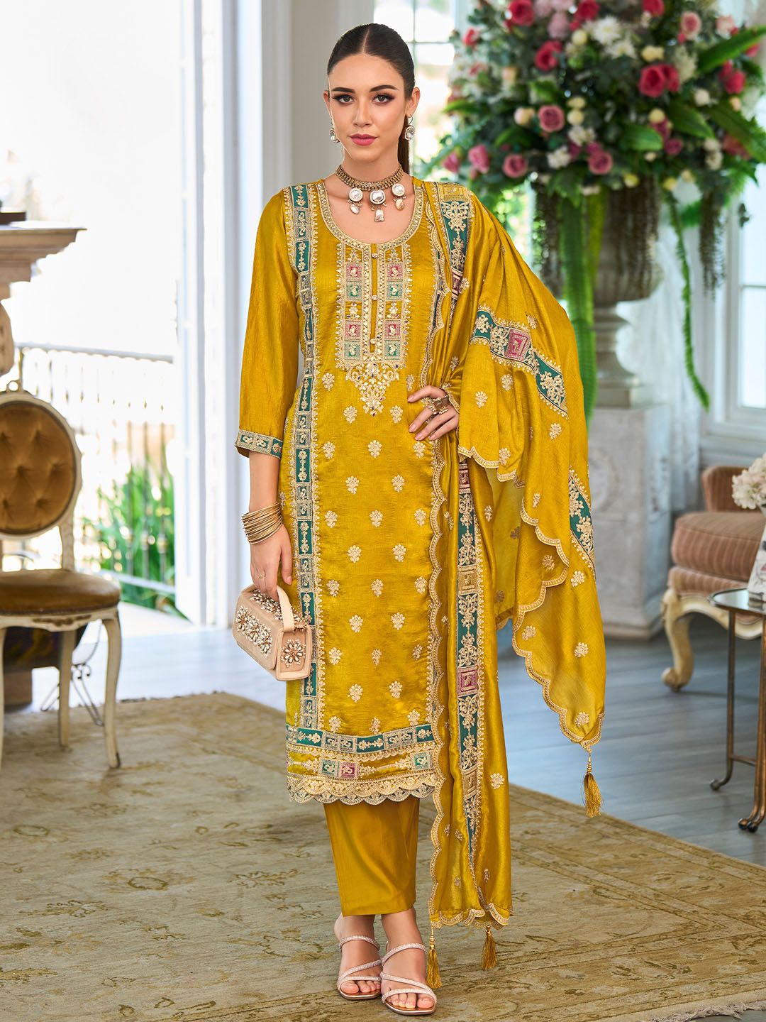 Dhiyona IE Women Ethnic Motifs Embroidered Kurta with Trousers & Dupatta