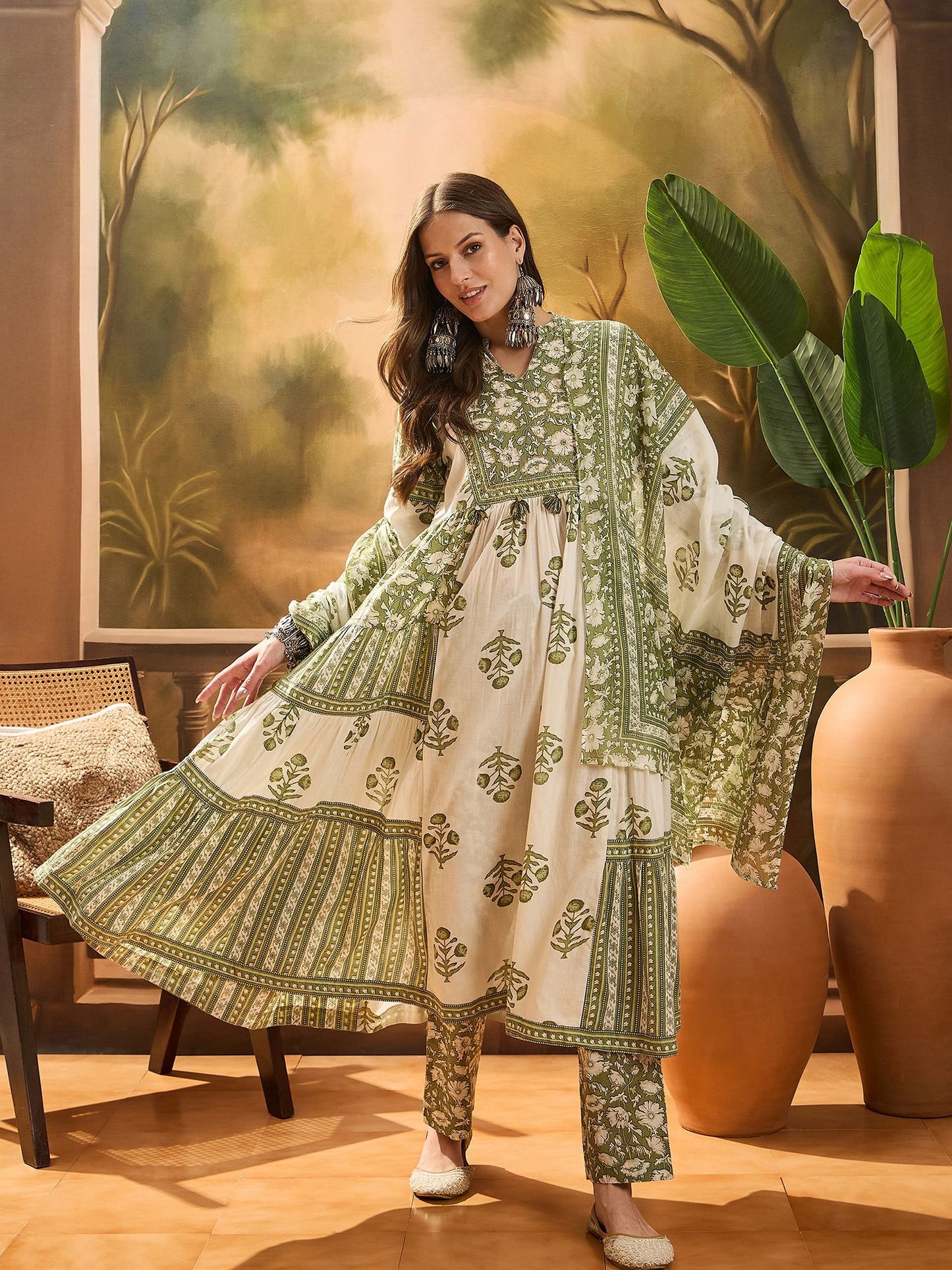 Dhiyona SN Women's Women's Pista Green Block Printed Cotton Anarkali Kurta Pant Dupatta Set