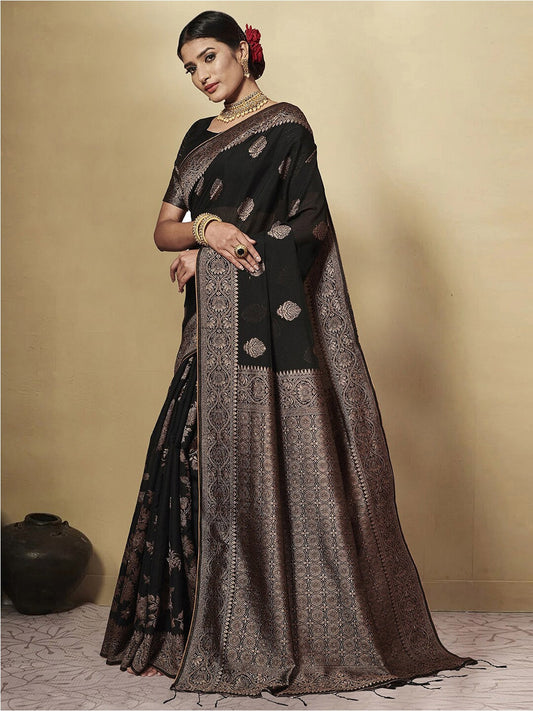 Dhiyona GR Women's GJ Black Berry Grease Black Zari Woven Design Cotton Blend Saree