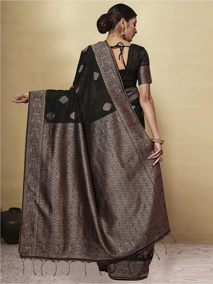 Dhiyona GR Women's GJ Black Berry Grease Black Zari Woven Design Cotton Blend Saree