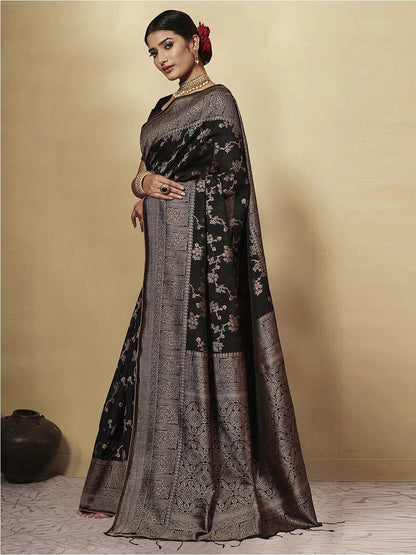 Dhiyona GR Women's GJ Black Berry Soot Black Zari Woven Design Cotton Blend Saree