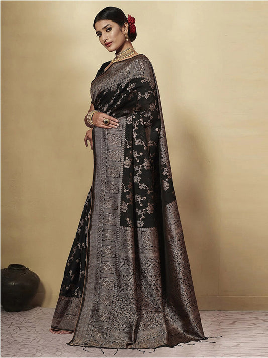 Dhiyona GR Women's GJ Black Berry Soot Black Zari Woven Design Cotton Blend Saree