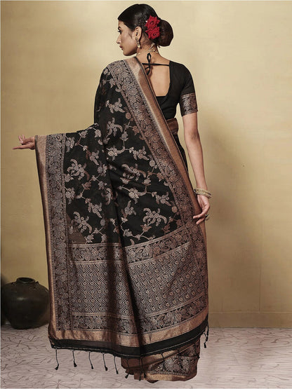Dhiyona GR Women's GJ Black Berry Coal Black Zari Woven Design Cotton Blend Saree