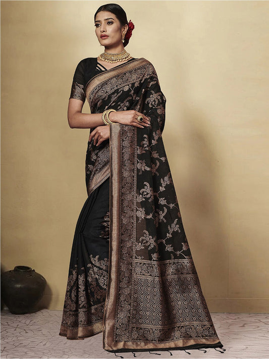 Dhiyona GR Women's GJ Black Berry Coal Black Zari Woven Design Cotton Blend Saree