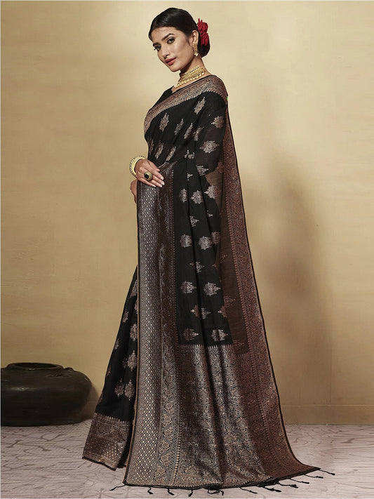 Dhiyona GR Women's GJ Black Berry Metal Black Zari Woven Design Cotton Blend Saree