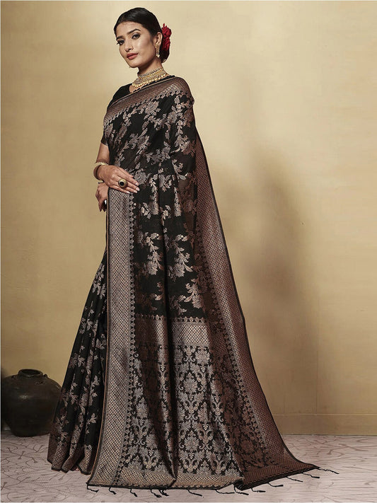 Dhiyona GR Women's Black Berry Rich Black Zari Woven Design Cotton Blend Saree