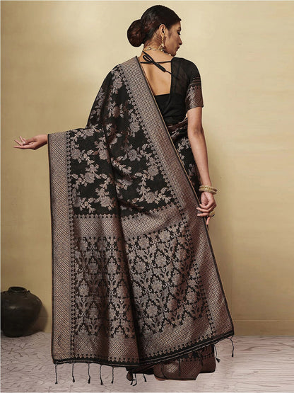 Dhiyona GR Women's Black Berry Rich Black Zari Woven Design Cotton Blend Saree