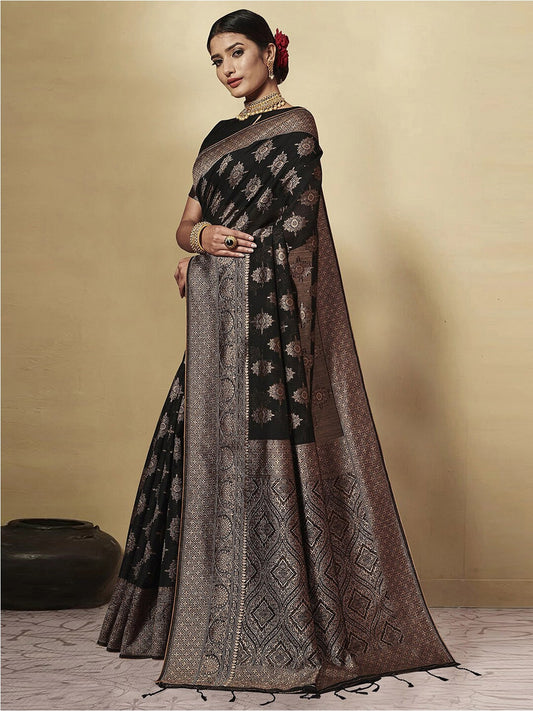 Dhiyona GR Women's GJ Black Berry Pebble Black Zari Woven Design Cotton Blend Saree