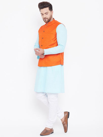 Men's Aqua Cotton Blend Straight Jacket  Kurta and Pyjama Set