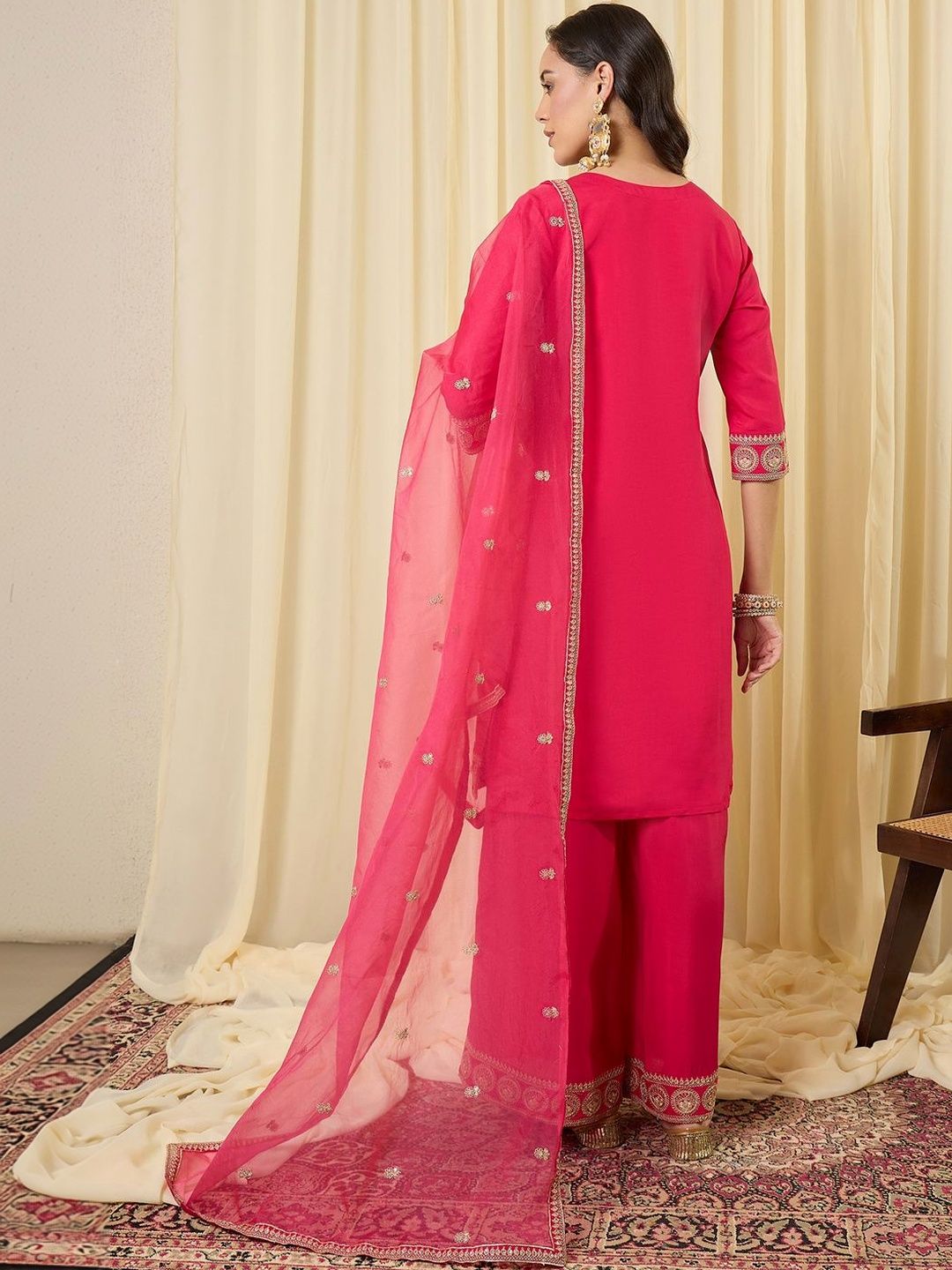 Women Ethnic Motifs Embroidered Regular Thread Work Kurta with Palazzos & With Dupatta