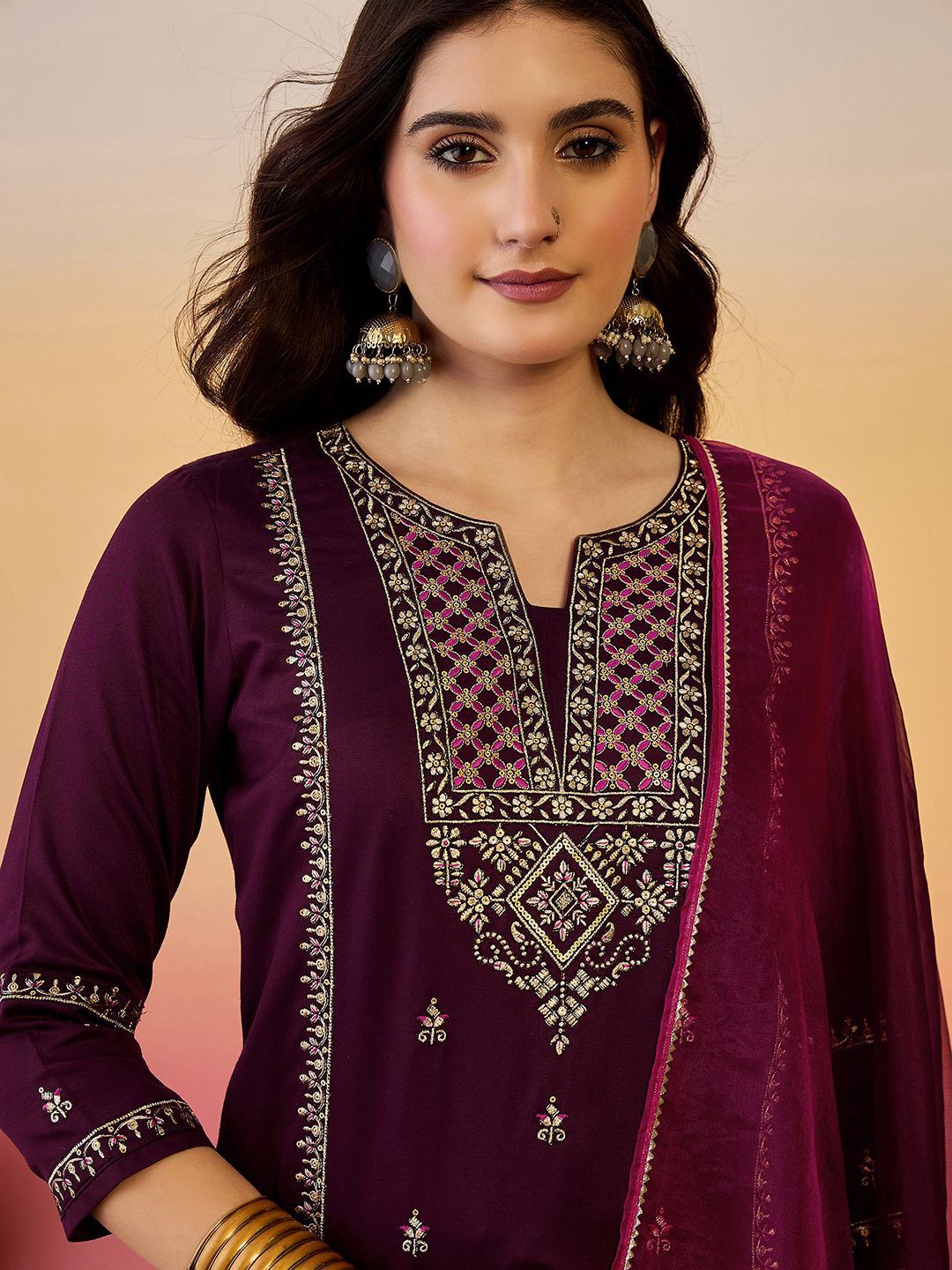 Dhiyona SN Women's Floral Zari Embroidered Notch Neck Straight Kurta With Trousers & Dupatta