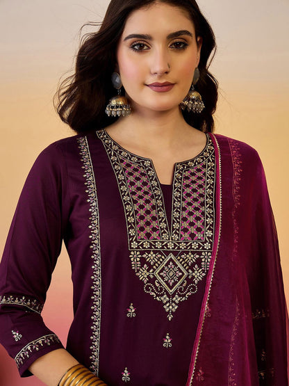 Dhiyona SN Women's Floral Zari Embroidered Notch Neck Straight Kurta With Trousers & Dupatta