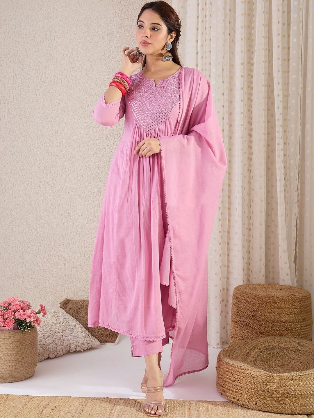 Women Pleated Mirror Work Pure Cotton Kurta with Trousers & With Dupatta
