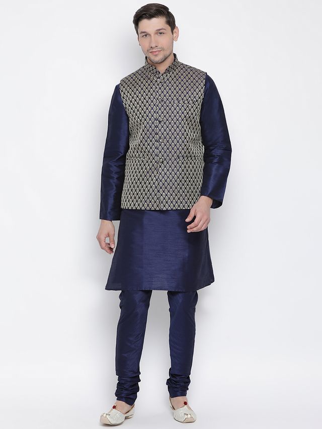 Men's Dark Blue Silk Blend Straight Jacket  Kurta and Pyjama Set