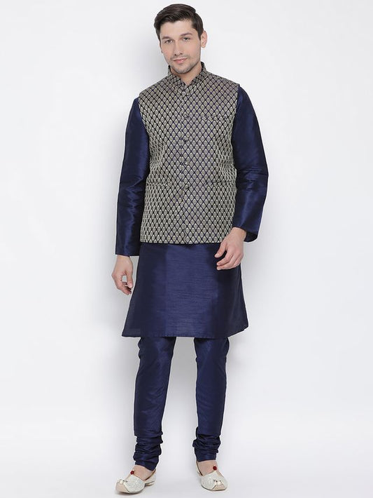 Men's Dark Blue Silk Blend Straight Jacket  Kurta and Pyjama Set